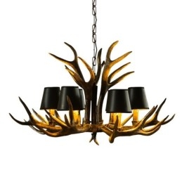 Lustre antigo de chifre retrô artístico rústico preto de 6 luzes com abajures
