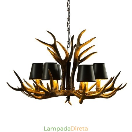 Lustre antigo de chifre retrô artístico rústico preto de 6 luzes com abajures Lustre antigo de chifre retrô artístico rústico preto de 6 luzes com abajures