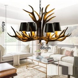 Lustre antigo de chifre retrô artístico rústico preto de 6 luzes com abajures