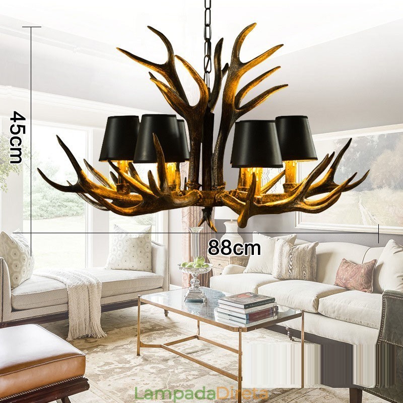 Lustre antigo de chifre retrô artístico rústico preto de 6 luzes com abajures