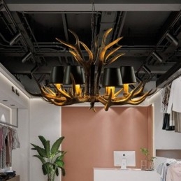 Lustre antigo de chifre retrô artístico rústico preto de 6 luzes com abajures