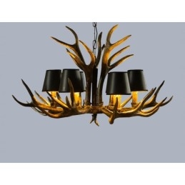 Lustre antigo de chifre retrô artístico rústico preto de 6 luzes com abajures