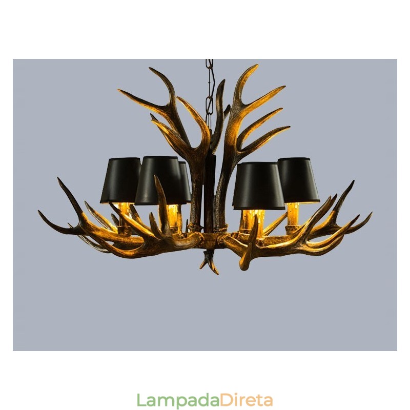 Lustre antigo de chifre retrô artístico rústico preto de 6 luzes com abajures