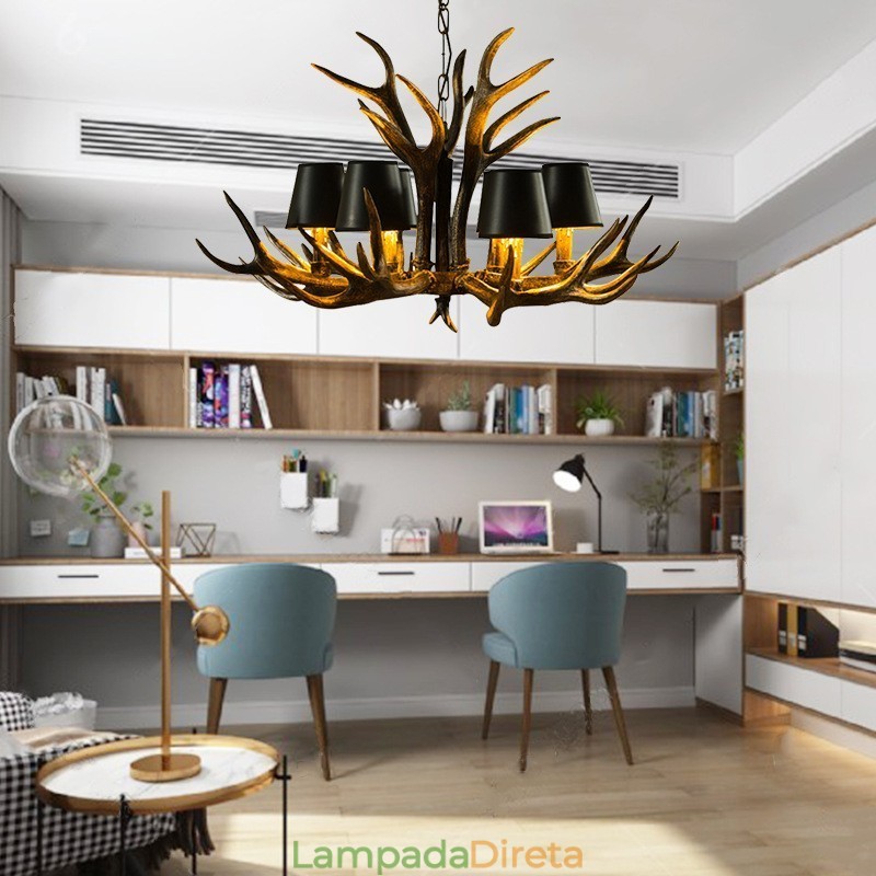 Lustre antigo de chifre retrô artístico rústico preto de 6 luzes com abajures