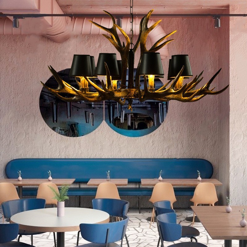 Lustre antigo de chifre retrô artístico rústico preto de 8 luzes com abajures