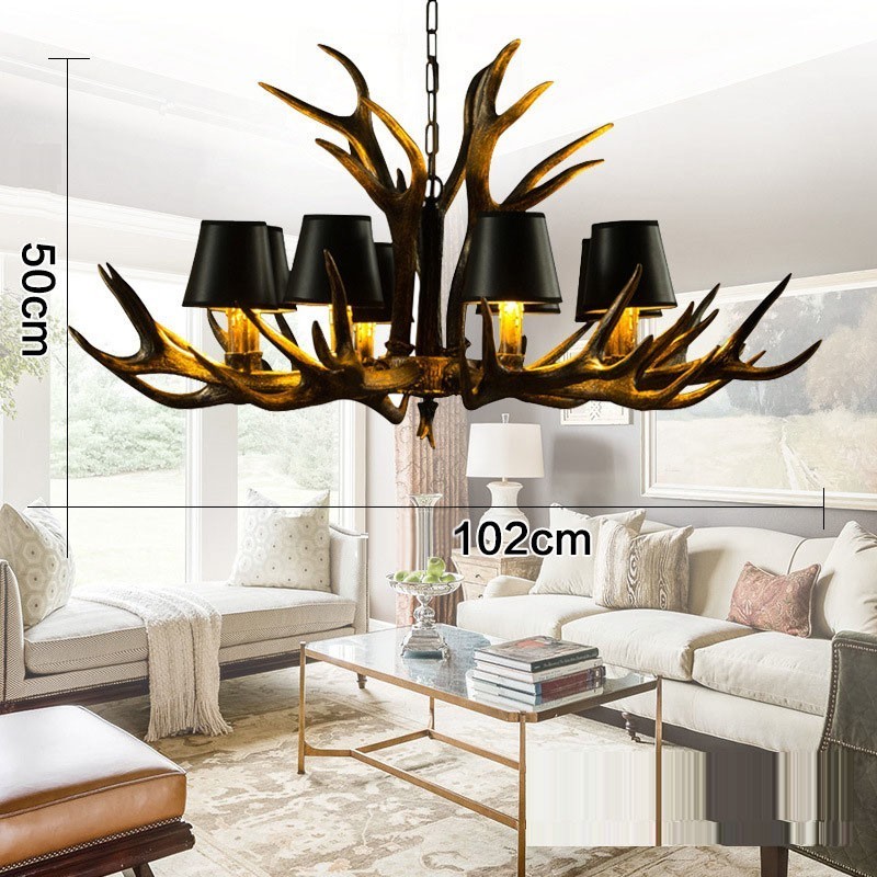 Lustre antigo de chifre retrô artístico rústico preto de 8 luzes com abajures