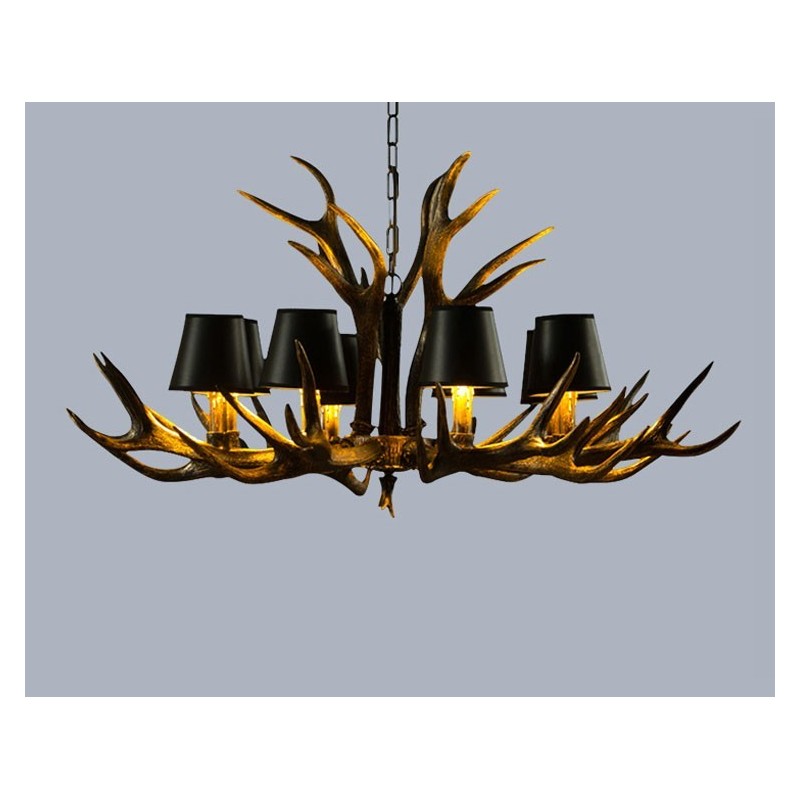 Lustre antigo de chifre retrô artístico rústico preto de 8 luzes com abajures
