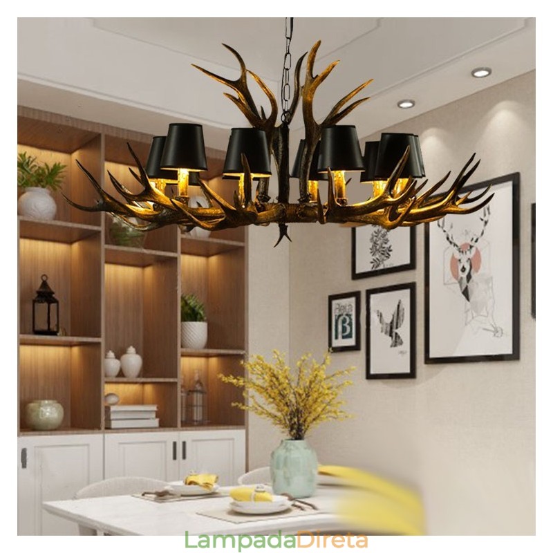 Lustre antigo de chifre retrô com abajures