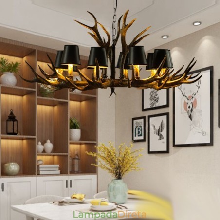 Lustre antigo de chifre retrô com abajures Lustre antigo de chifre retrô com abajures