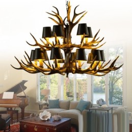Lustre antigo de chifre retrô artístico rústico preto de 15 luzes com tons