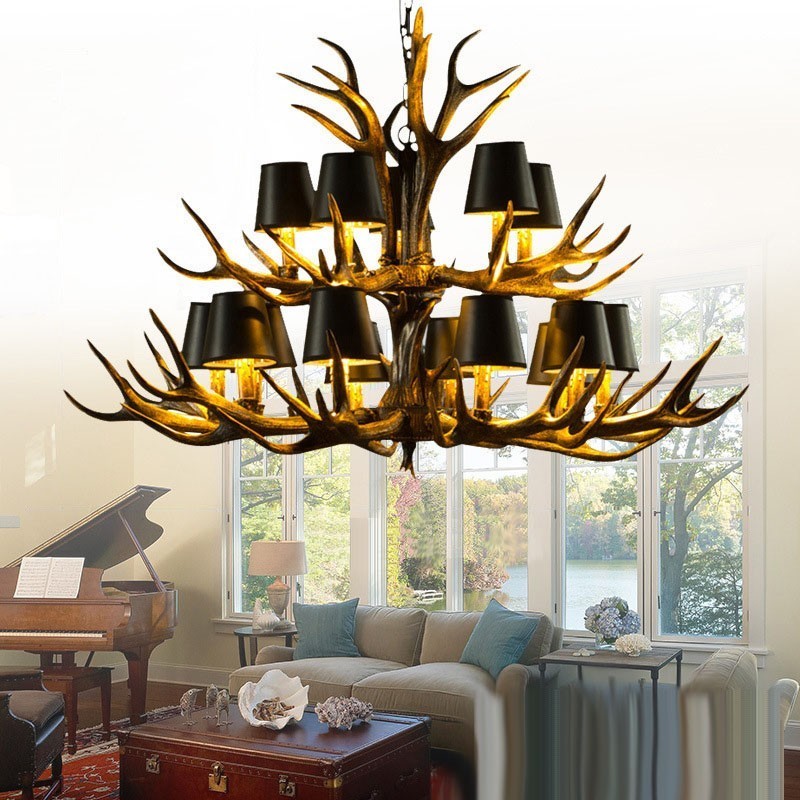 Lustre antigo de chifre retrô artístico rústico preto de 15 luzes com tons