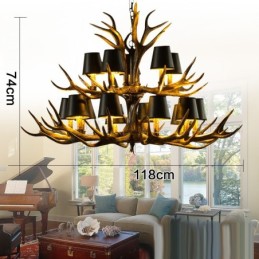 Lustre antigo de chifre retrô artístico rústico preto de 15 luzes com tons