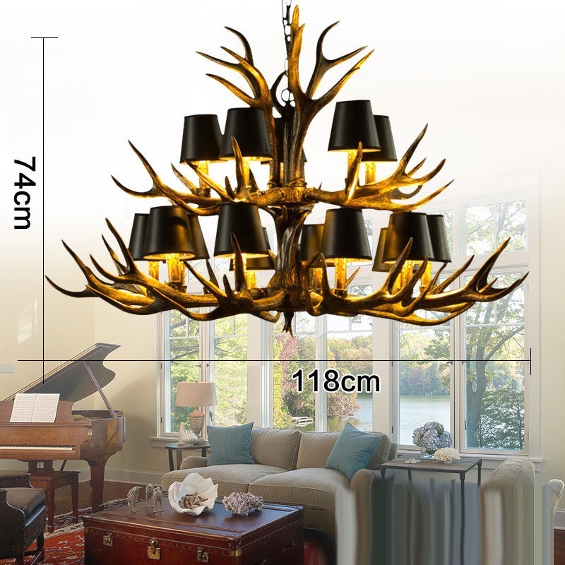 Lustre antigo de chifre retrô artístico rústico preto de 15 luzes com tons