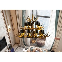 Lustre antigo de chifre retrô artístico rústico preto de 15 luzes com tons