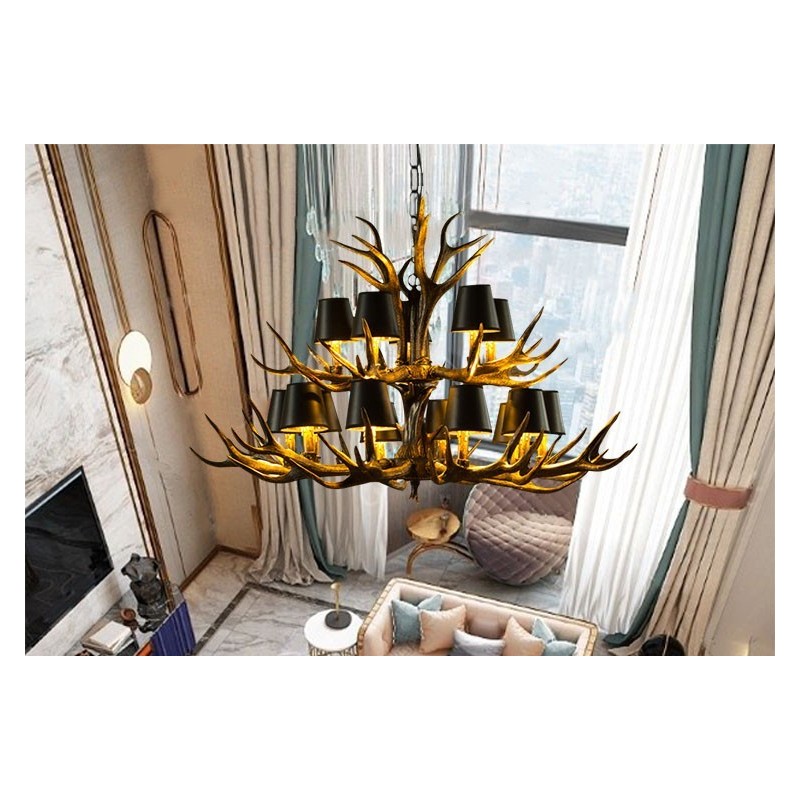 Lustre antigo de chifre retrô artístico rústico preto de 15 luzes com tons