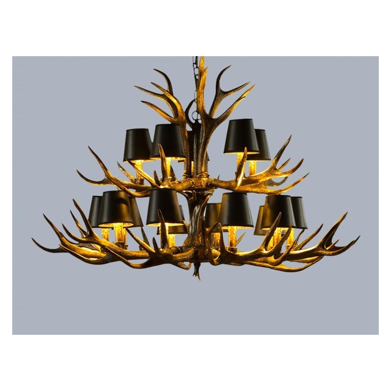 Lustre antigo de chifre retrô artístico rústico preto de 15 luzes com tons