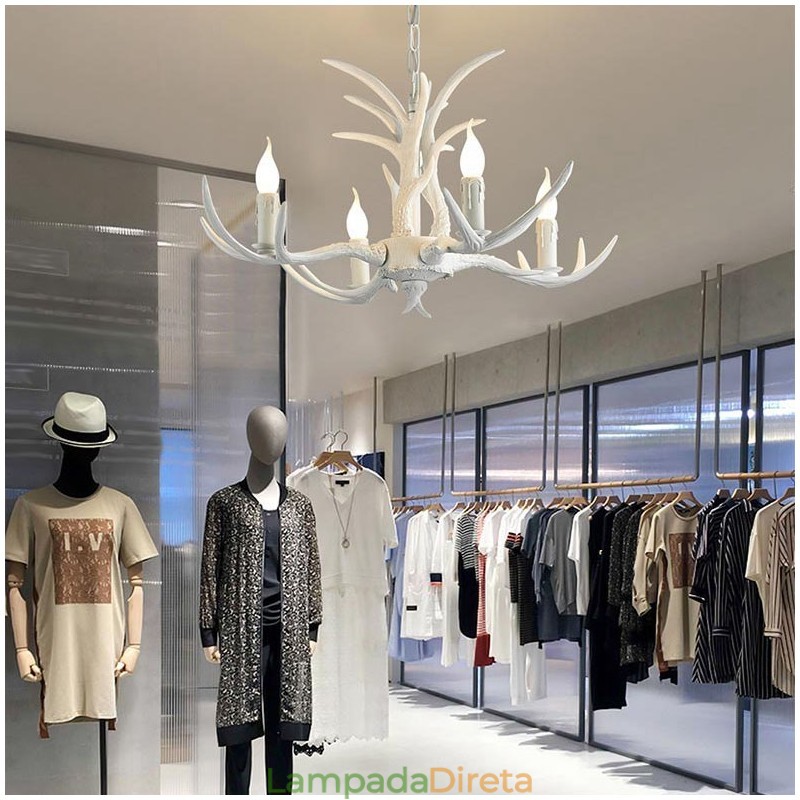 Lustre antigo de chifre retrô artístico rústico branco de 4 luzes