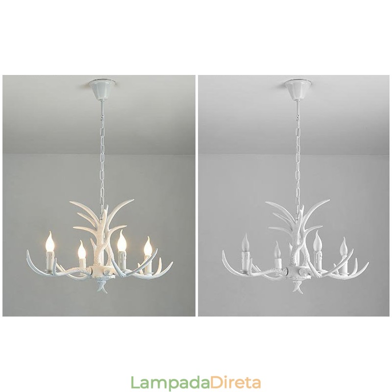 Lustre antigo de chifre retrô artístico rústico branco de 4 luzes
