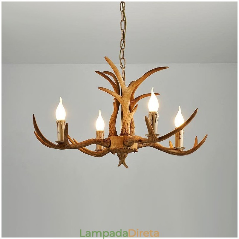 Lustre antigo de chifre retrô artístico rústico de 4 luzes