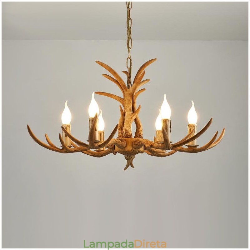 Lustre antigo de chifre retrô artístico rústico de 6 luzes