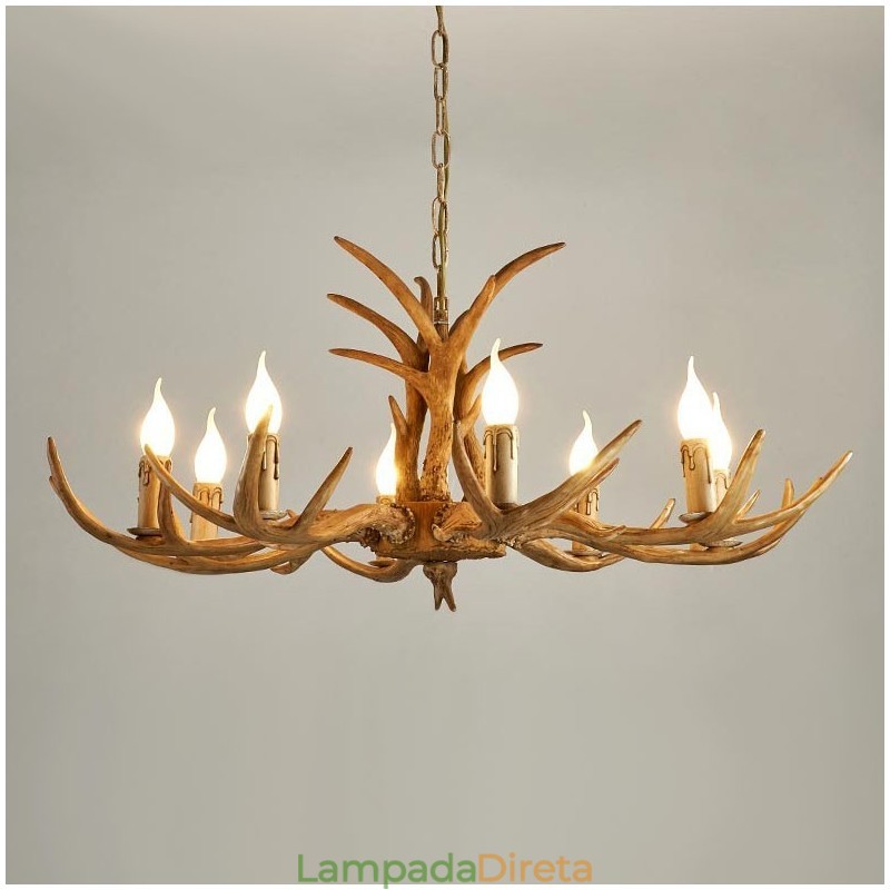 Lustre antigo de chifre retrô artístico rústico de 8 luzes