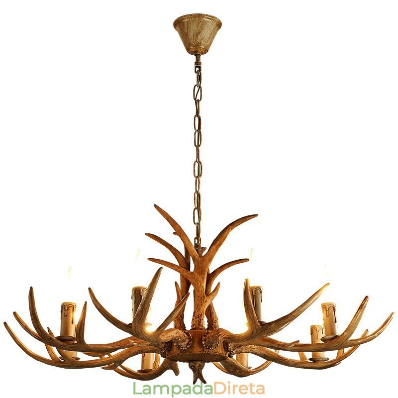 Lustre antigo de chifre retrô artístico rústico de 8 luzes