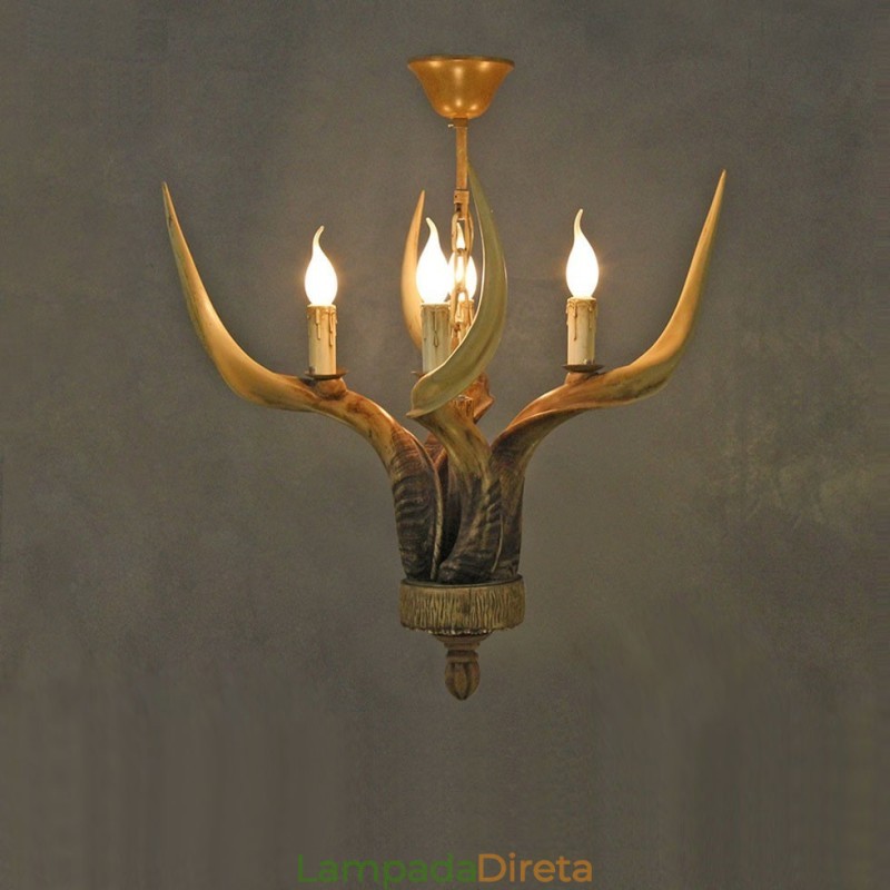 Lustre antigo de chifre retrô artístico rústico de 4 luzes