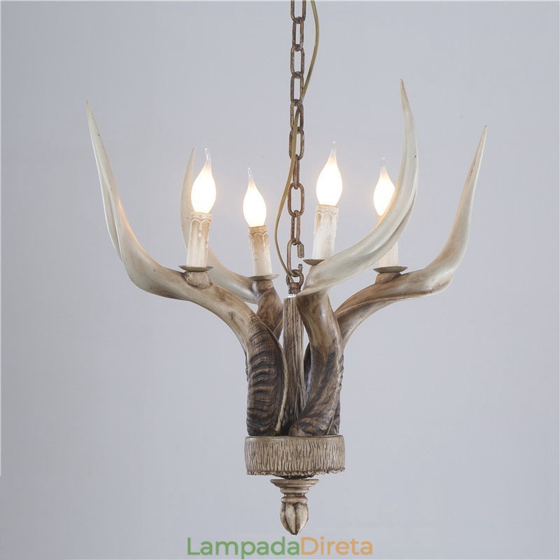 Lustre antigo de chifre retrô artístico rústico de 4 luzes