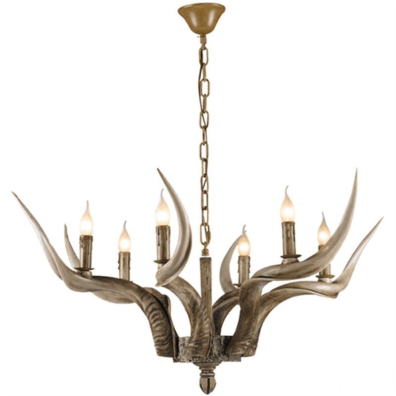 Lustre antigo de chifre retrô artístico rústico de 6 luzes