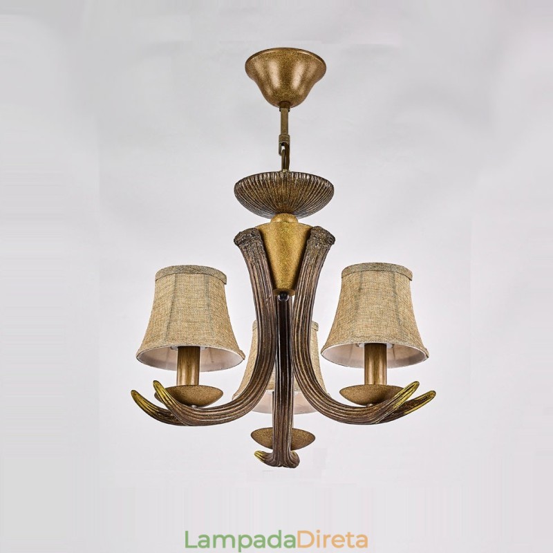 Lustre antigo de chifre retrô artístico rústico de 3 luzes com abajures