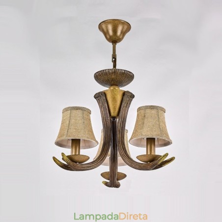 Lustre antigo de chifre retrô artístico rústico de 3 luzes com abajures Lustre antigo de chifre retrô artístico rústico de 3 luzes com abajures