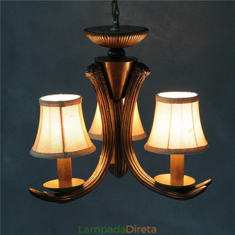 Lustre antigo de chifre retrô artístico rústico de 3 luzes com abajures
