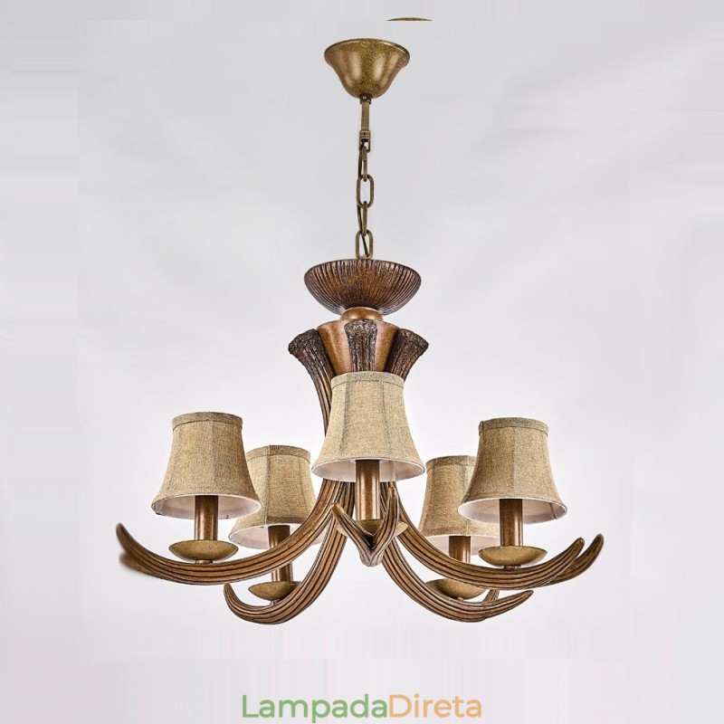 Lustre antigo de chifre retrô artístico rústico de 5 luzes com abajures