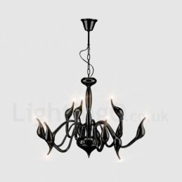 Lustre pendente moderno de metal preto com 12 luzes e cisne