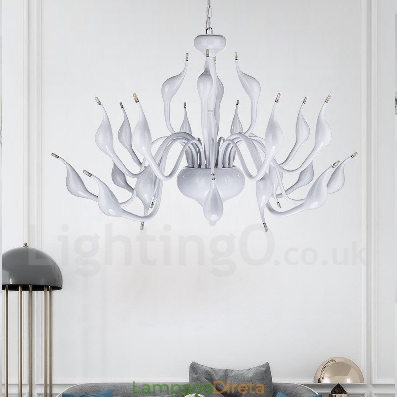 Lustre moderno de cisne com 24 luzes G4, revestimento branco