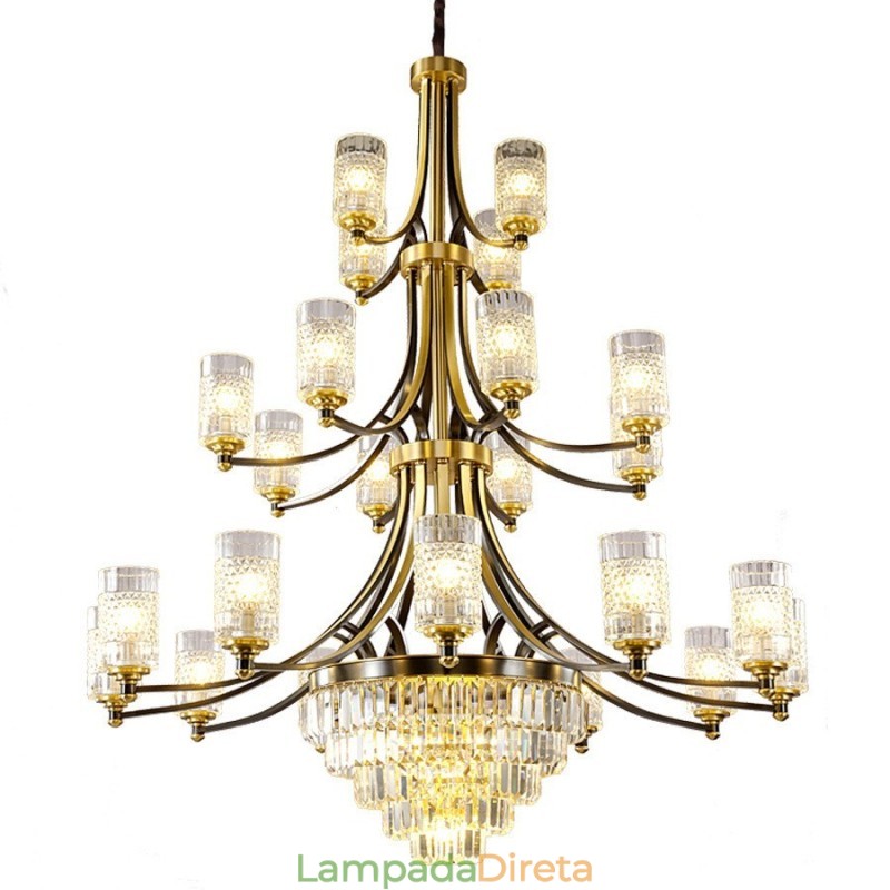 Grande lustre de cristal de cobre de luxo para suporte de luz 12+8+4