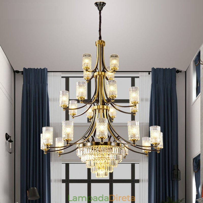 Grande lustre de cristal de cobre de luxo para suporte de luz 12+8+4