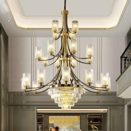 Grande lustre de cristal de cobre de luxo para suporte de luz 12+8+4