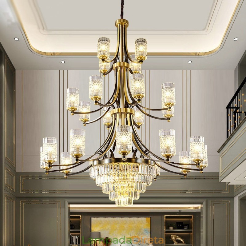 Grande lustre de cristal de cobre de luxo para suporte de luz 12+8+4