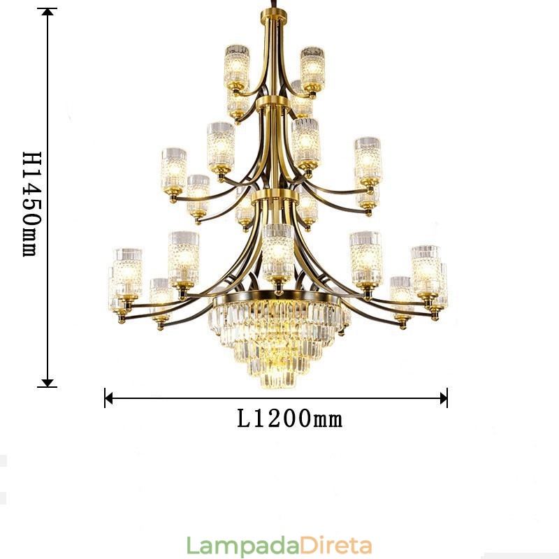 Grande lustre de cristal de cobre de luxo para suporte de luz 12+8+4