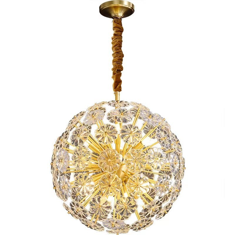 Luminária pendente nórdica esférica de cristal dente-de-leão em latão
