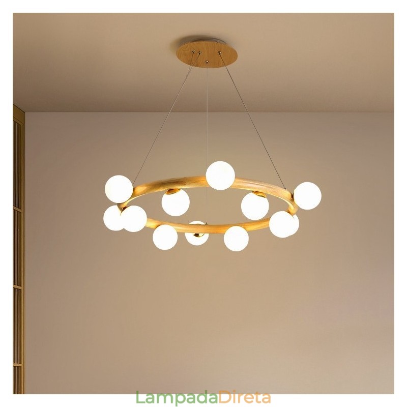 Nordic Ring Lustre Pendente Simples Moderno de Madeira com Tons de Feijão