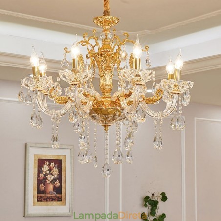 Lustre de cristal de luxo dourado com 6 luzes e 8 luzes Lustre de cristal de luxo dourado com 6 luzes e 8 luzes