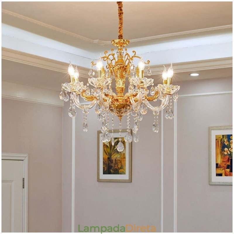 Lustre de cristal de luxo dourado com 6 luzes e 8 luzes