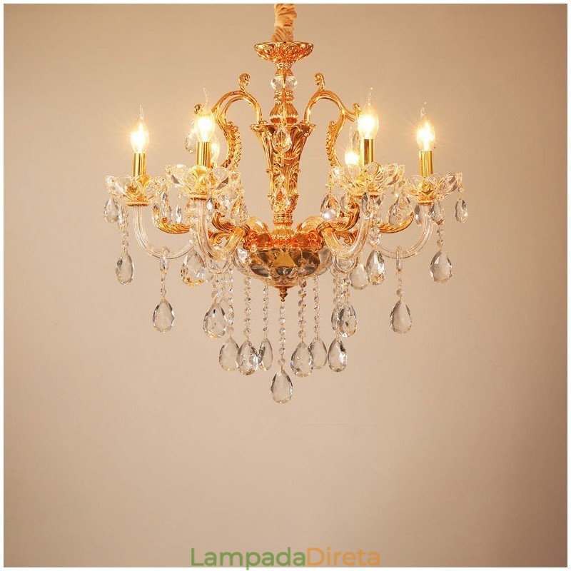 Lustre de cristal de luxo dourado com 6 luzes e 8 luzes