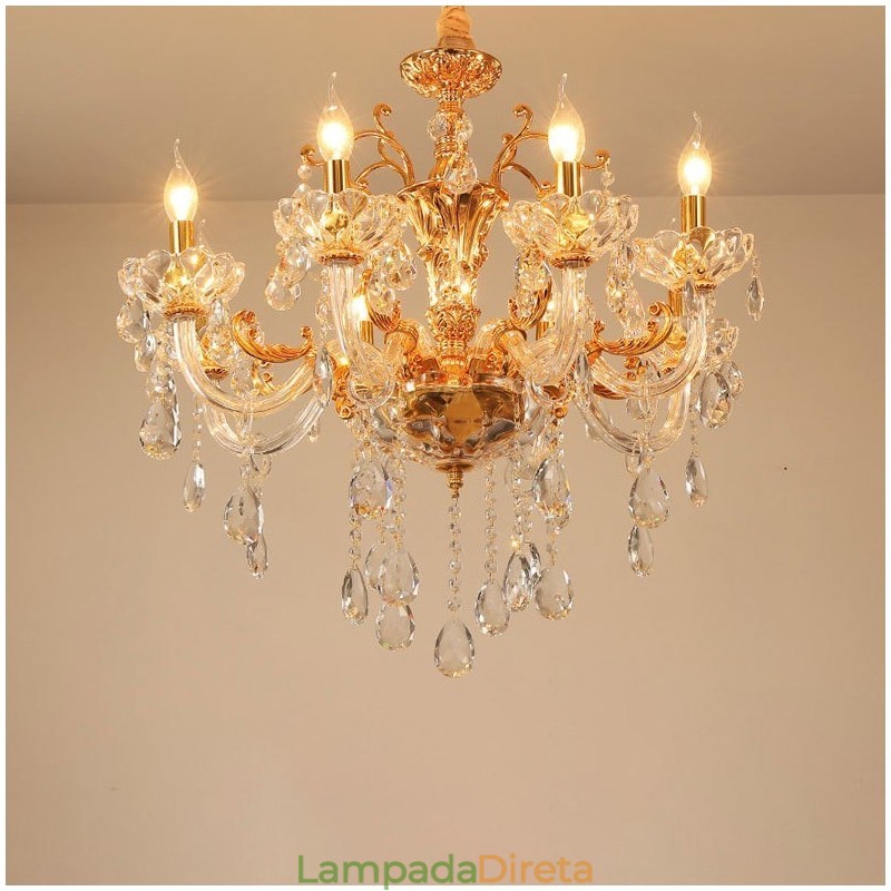 Lustre de cristal de luxo dourado com 6 luzes e 8 luzes