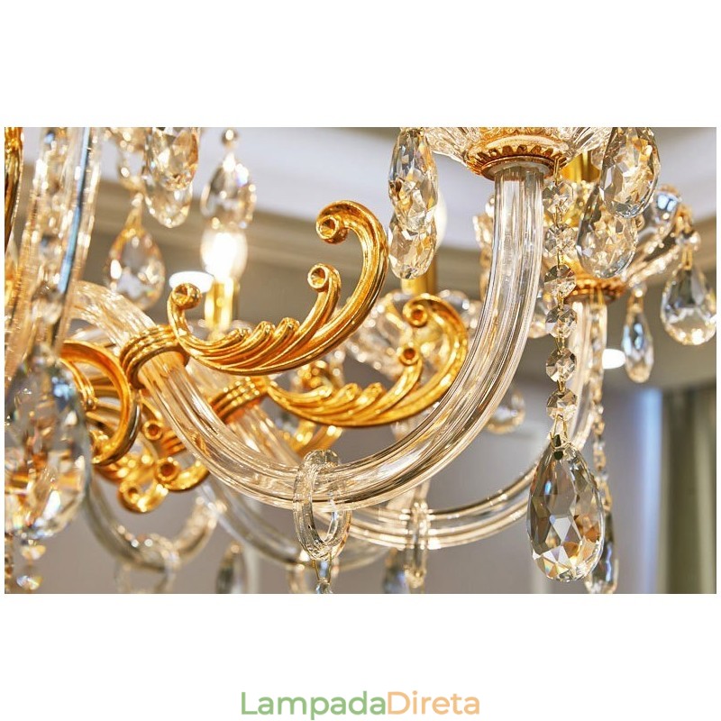 Lustre de cristal de luxo dourado com 6 luzes e 8 luzes