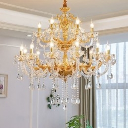 Lustre de vela de cristal de luxo dourado de duas camadas com 18 luzes