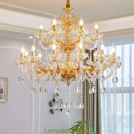 Lustre de vela de cristal de luxo dourado de duas camadas com 18 luzes Lustre de vela de cristal de luxo dourado de duas camadas com 18 luzes
