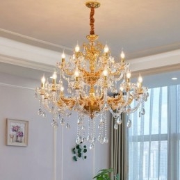 Lustre de vela de cristal de luxo dourado de duas camadas com 18 luzes